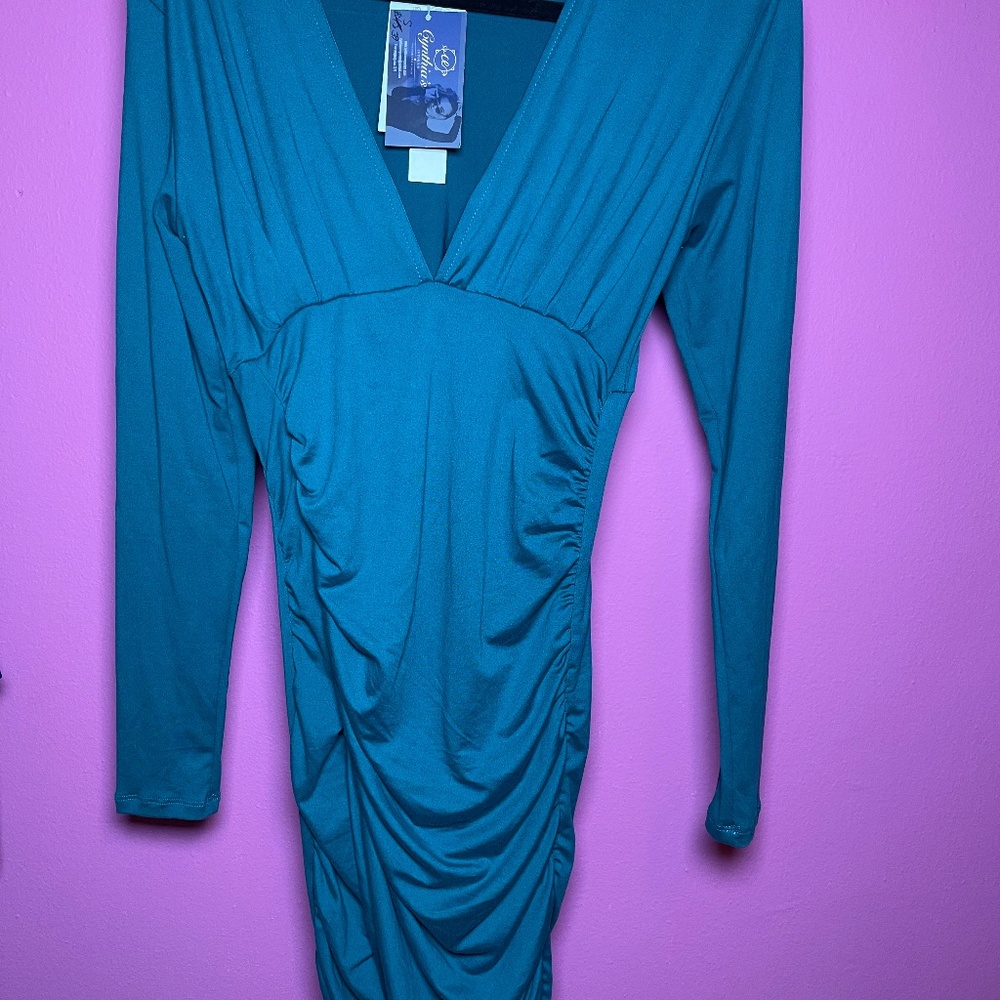 Capella brand ruched, long sleeve party dress